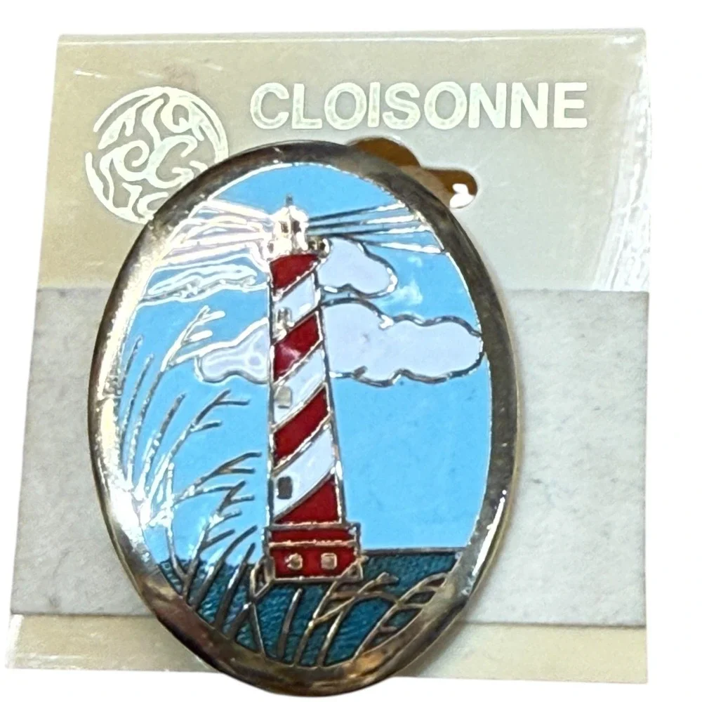 Vintage Cloisonne  Red White Striped Lighthouse Ocean‎ Pin Brooch